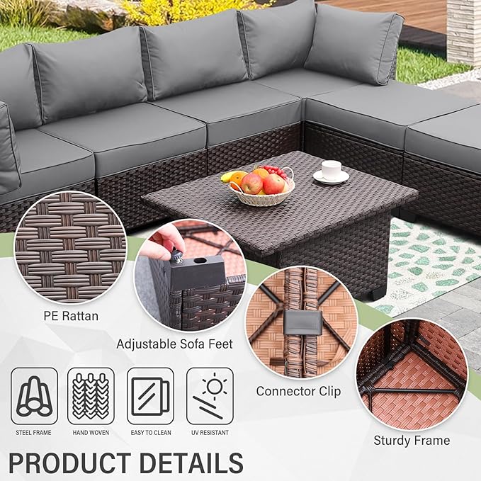 WAROOM Outdoor Patio Furniture Set 7 Pieces Wicker Sectional Sofa Brown Rattan Conversation Couch with Storage Table, Anti-Slip Thick Grey Cushion