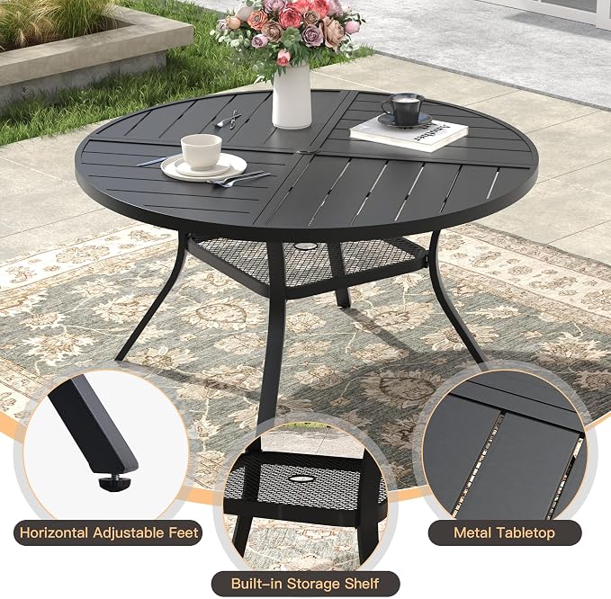 7 Pieces Outdoor Dining Set, Stackable Textilene Paito Chairs & 47.1" Round Dining Table with Umbrella Hole and Shelf, Patio Dining Set for Backyard, Deck, Garden, Brown & Black