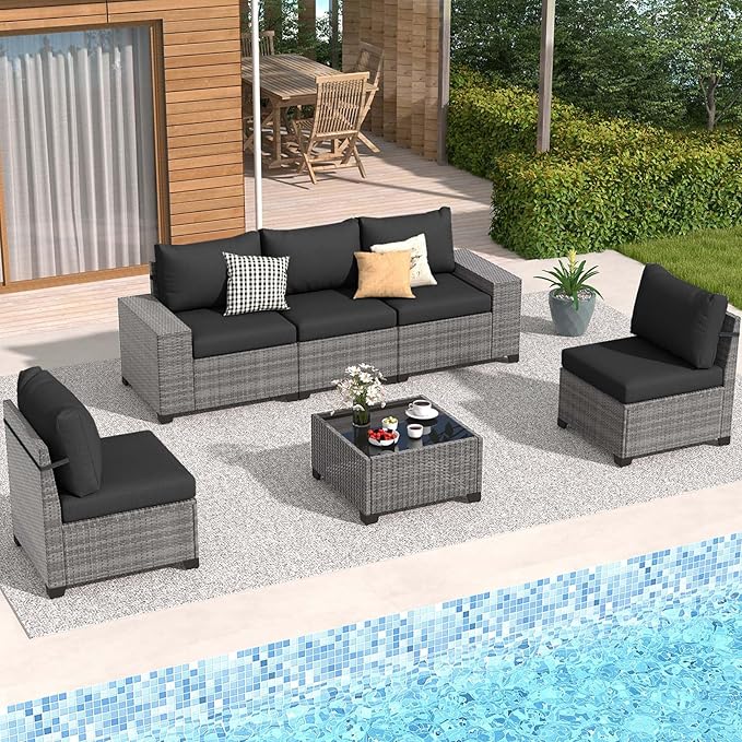 JOIVI 6 Pieces Outdoor Patio Furniture Set, Rattan Patio Conversation Set with Coffee Table, L-Shaped Wicker Outdoor Sectional Sofa Set with Wide Armrest and Cushions for Garden, Deck, Porch, Black