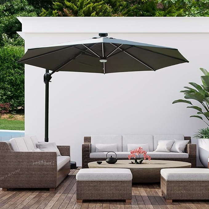 Domi 10FT Cantilever Patio Umbrella Solar Powered LED Round Deluxe Offset Umbrella, Aluminum Hanging Umbrella with 360°Rotation, Outdoor Market Umbrella for Outside Deck Backyard Garden Pool, Gray