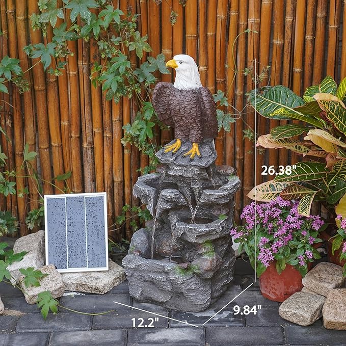 YZM 26.38" H Solar Water Fountain Outdoor Garden Bald Eagle Statue 4 Tiers Cascading Rock Water Fountain Solar Powered Fountains for Garden, Patio, Deck, Porch, Backyard, Lawn