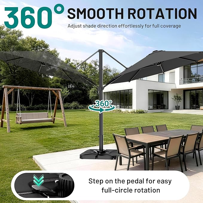 AreShark 11FT Round Cantilever Patio Umbrella with Base Included, 360° Rotation Offset Outdoor Umbrella, 5 Tilt Settings Heavy Duty Hanging Parasol for Deck Garden Pool, Grey