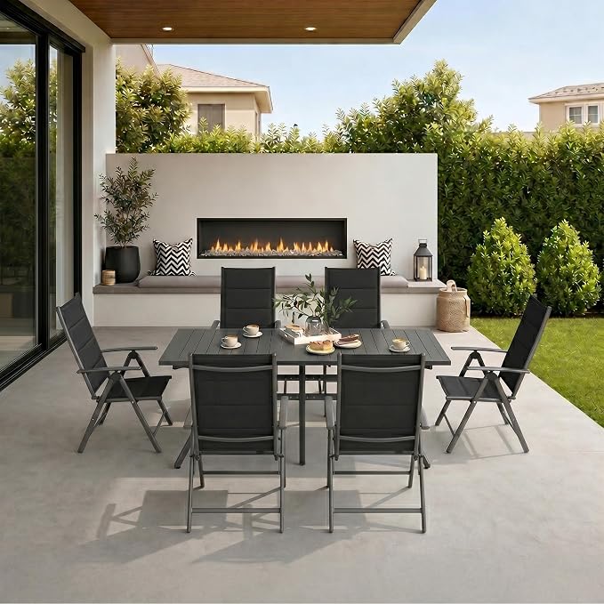 PURPLE LEAF Outdoor Dining Set for 6 Folding Patio Dining Set with Aluminum Rectangular Table and Padded Chairs All Weather Dining Table Sets for Garden Backyard Poolside, Black