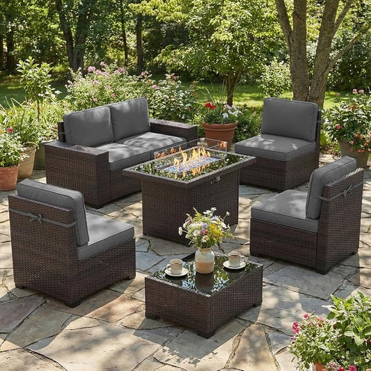 LayinSun 7 Pieces Outdoor Patio Furniture Set with 44" Fire Pit Table Brown Rattan Sectional Sofa Conversation Sets