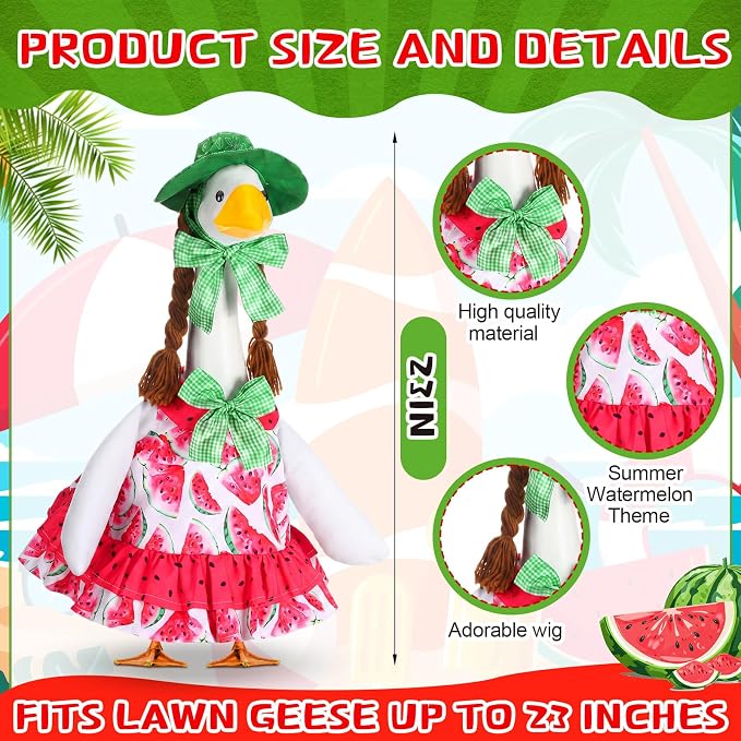 Abbylike Summer Watermelon Porch Goose Outfit Watermelon Costume Clothes for 23'' Goose for Garden Porch Statue Yard Pathway Decorations