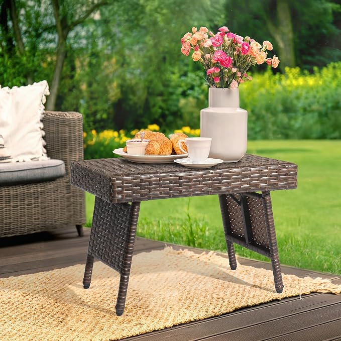 VINGLI Outdoor Folding Rattan Side Table, Portable Wicker End Table for Patio, Garden, Poolside, and Indoor Use, Mix Mocha