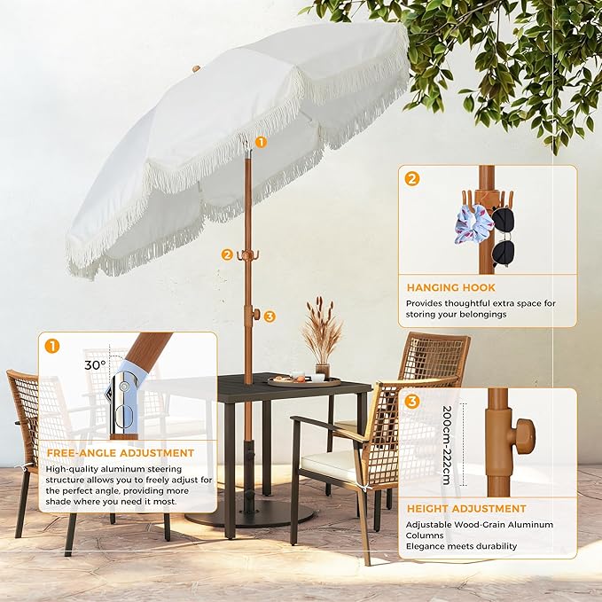 HOMEDEMO Boho Umbrella, Outdoor Umbrella with UPF50+ Sun Protection, Premium Aluminum Pole & Fiberglass Ribs, Includes Hanging Hook