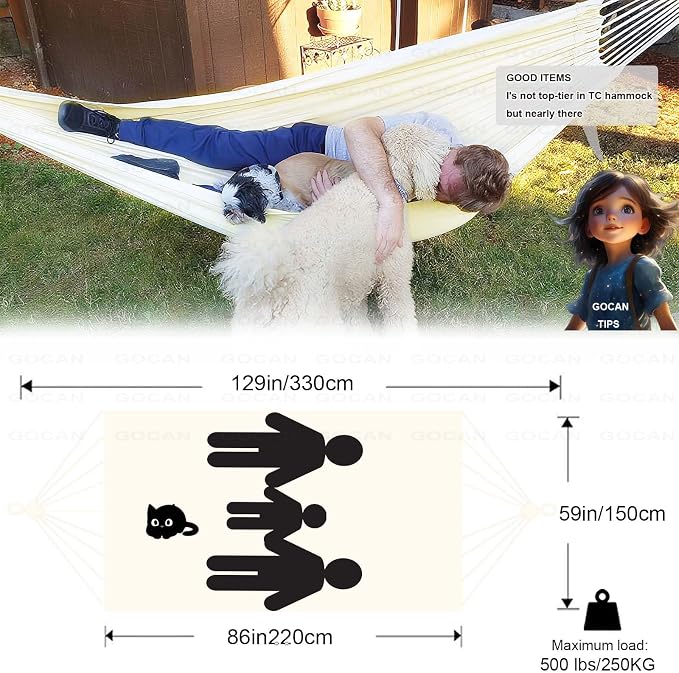 Double Hammock 500 lbs Load Capacity, Polyester Cotton Hammock, Suitable for Patio Porch, Garden and Backyard Relaxation, Indoor & Outdoor Use (Beige)