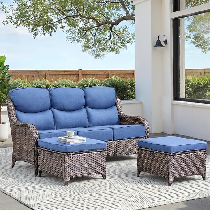 Luxury 3 Pieces Patio Furniture Sets-All Weather Wicker Rattan 3-Seat Sofa Set with Comfy 6" Cushion, Multifunctional Ottomans Patio Conversation Set for Deck Backyard Garden(Brown/Blue)