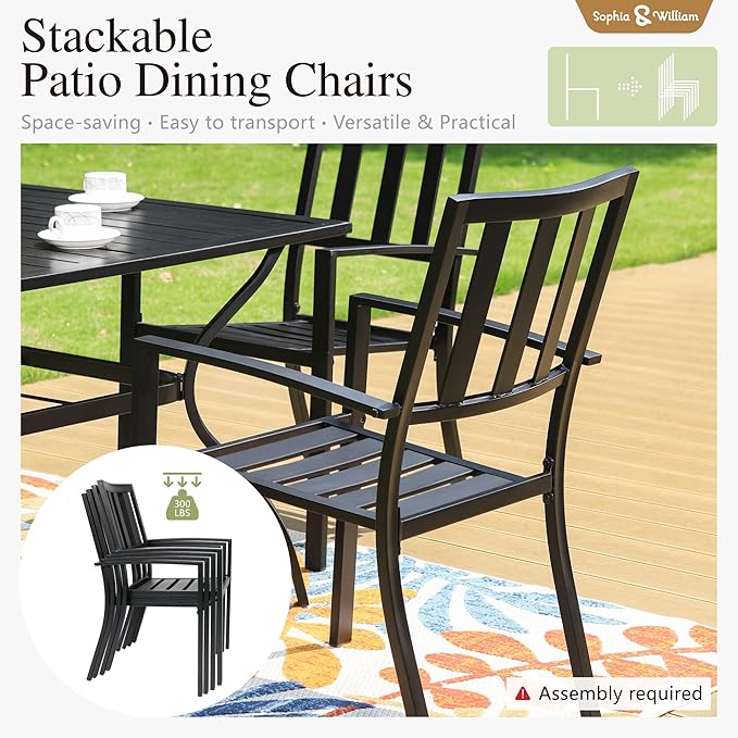 Sophia & William Patio Table and Chairs Set, Outdoor Dining Set for 6, 7 Piece Metal Patio Furniture, 60" Rectangular Table with Wood-Like Tabletop(Stripe)