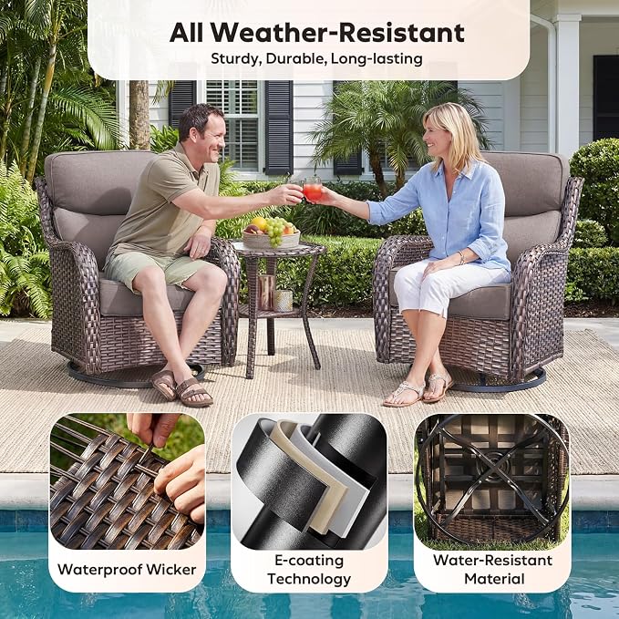 Rilyson Wicker Outdoor Patio Furniture Set - Weather Resistant Wicker,High Back,6 inch Cushions,3 Piece Patio Bistro Set with Swivel Rocker Chairs and Side Table for Deck Porch Yard,Brown/Grey