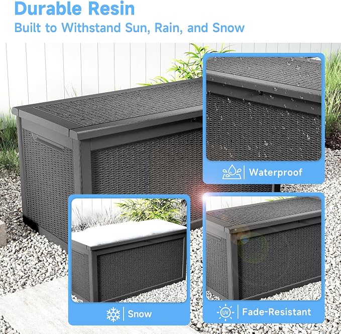 Large Outdoor Storage Box Waterproof, UV Resistant Resin Deck Box for Patio Furniture,Garden Tools,Cushions (Black, 320 Gallon)