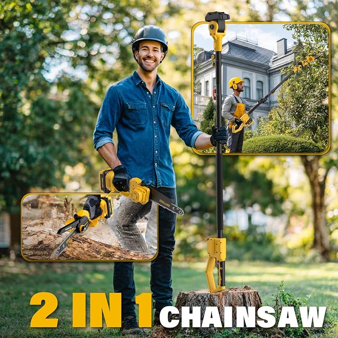 ZEGJAW 2-IN-1 Cordless Pole Saw & 8 Inch Mini Chainsaw, with 2 Pack 3.0Ah Battery and Charger, Electric Pole Saw for Tree Trimming with Adjustable Extension Pole