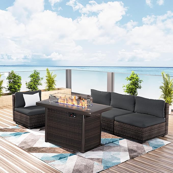 Patio Furniture Set with Fire Pit Table, Outdoor Sectional Rattan Sofa Set, Patio Set Seating Furniture with Thickened Cushions (Black, 5 Pieces)