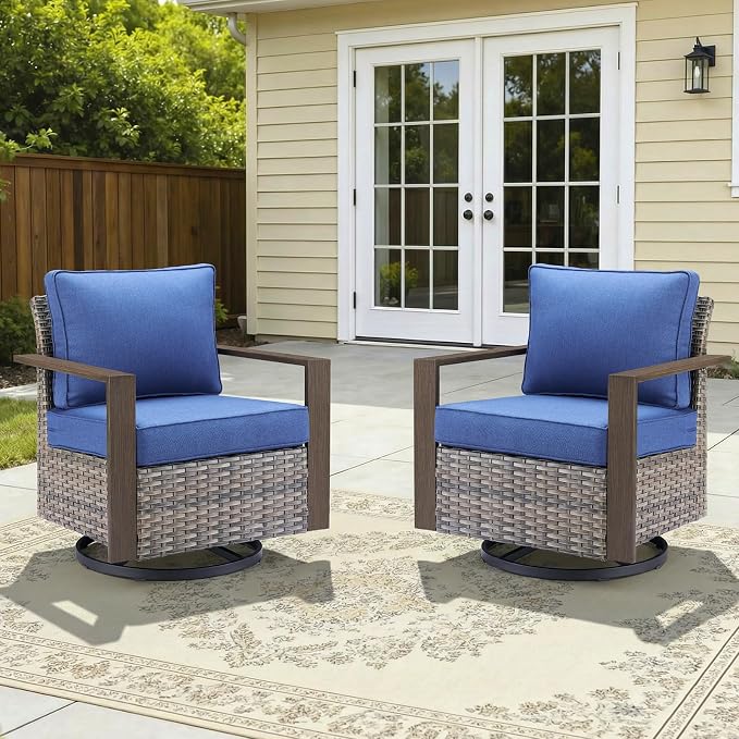 2PCS Outdoor Swivel Patio Chairs Set, All-Weather Wicker Swivel Rocker Chairs with High Back and Deep Seat, Patio Seating for Porch, Deck, Backyard and Poolside Grey/Blue