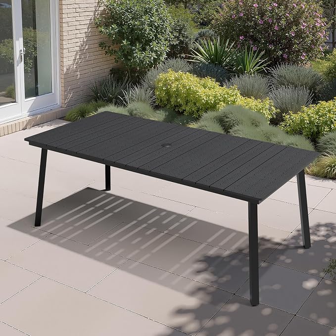 Crestlive Products Outdoor Dining Table for 6, 70" Rectangular Patio Table with Metal Frame 1.6" Umbrella Hole for Backyard Balcony Garden, Black