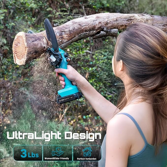 SEESII Mini Chainsaw 6 inch,Cordless Chainsaw w/ 2x2000mAh Batteries,Oiler System & Replacement Chain,Handheld Electric Chain Saw w/Safety Lock,Battery Powered Chainsaw for Wood Tree Cutting, M6 Plus