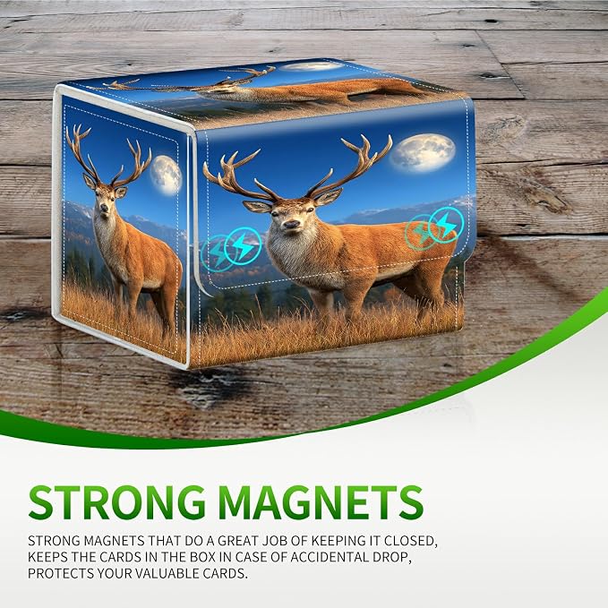 Card Deck Box for MTG, Cards Storage Box Fits 120+ Sleeved, Leather Small Size Strong Magnetic Closing Card Case for Board Games Magic TCG CCG Baseball Collection, Grassland Deer