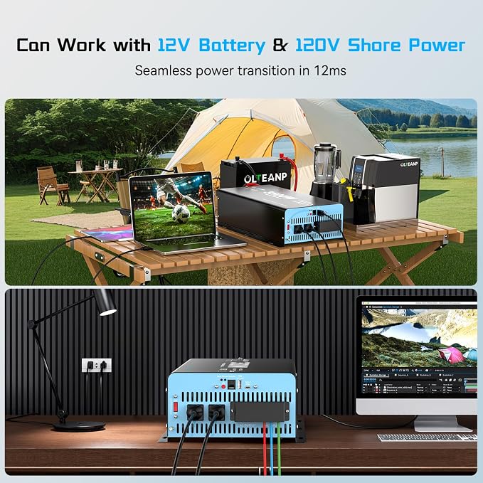 3500W Pure Sine Wave Power Inverter with Transfer Switch, 12V DC to 120V AC Converter, 7000W Peak, Auto Switch to Shore Power, Remote LCD Controller, USB & Type-C for RV, Truck, Off-Grid Heavy Duty