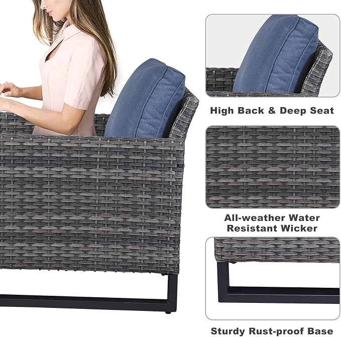 Belord Oversize Patio Chairs Set of 2 Outdoor Wicker Dining Chairs, All-Weather Rattan Patio Club Chair Furniture Sets with Water-Resistant Cushion Anti-Rust Frame Blue
