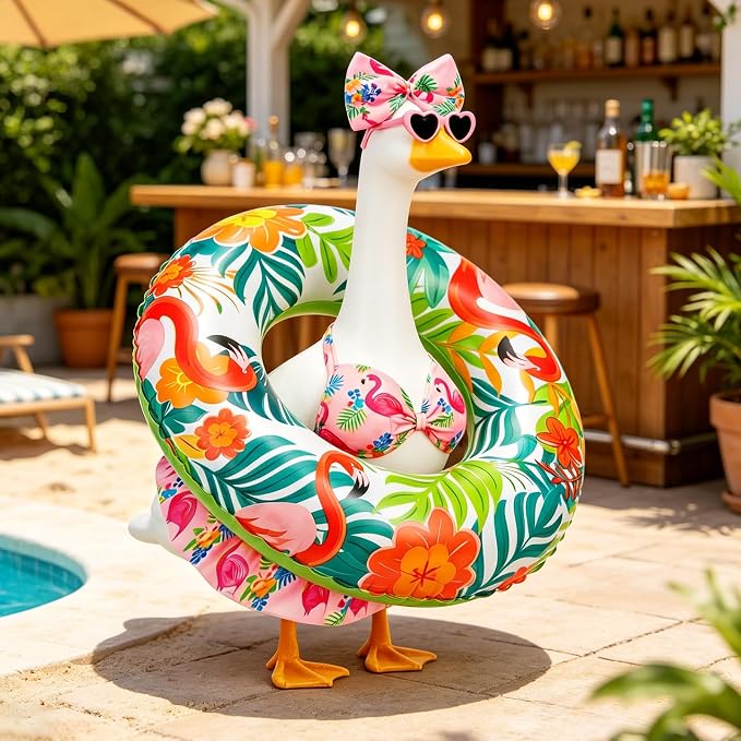 23 in Porch Goose Summer Outfit Bikini, Hawaiian Porch Goose Swimsuit Clothes Costume Accessories with Bow Glasses Swim Ring for 23" Summer Goose Garden Patio Statue Decor (Flamingos)