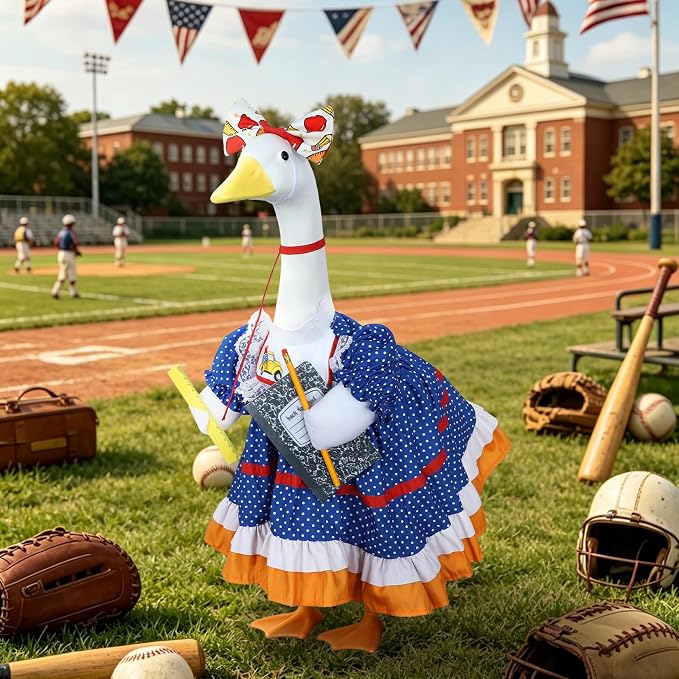 Back to School Porch Goose Outfit for 23" Plastic/Cement Porch Goose Statue | School-inspired Retro Polka Dot Dress with Pencil, Notebook, Ruler, Ideal for School Outdoor Garden, Yard, Patio, Porch Decor