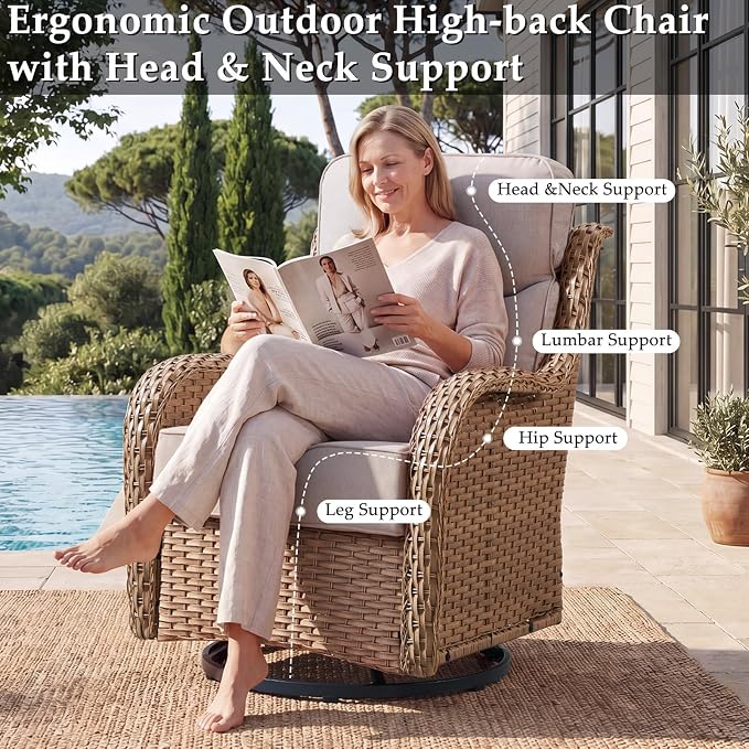 Luxury High Back Patio Furniture Set with 6-Inch Thick Cushions, 14-Pieces Outdoor Furniture with Swivel Chairs, Wicker Conversation Set for Porch, Balcony, Deck and Yard, Yellow/Beige