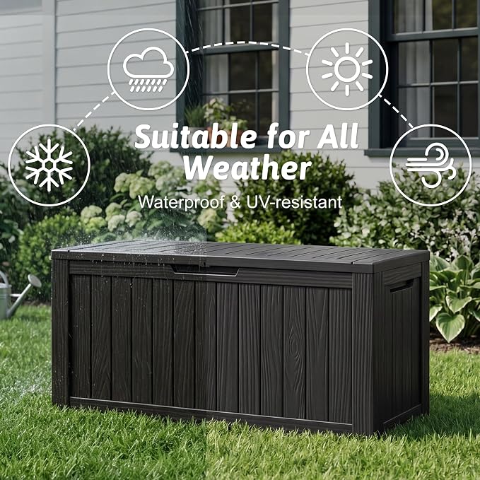 EasyUp 75 Gallon Outdoor Storage Box, Waterproof Compact Resin Deck Box with Wheels, UV-Resistant for Patio Furniture, Outdoor Cushions, Garden Tools and Pool Floats (Black, 75 Gallon)