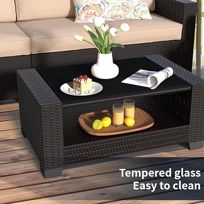 SHGJ&SOFT 7 Piece Patio Furniture Set, Wicker Outdoor Sectional Sofa with Washable Cushion Covers and Tempered Glass Table, Rattan Conversation Set for Poolside