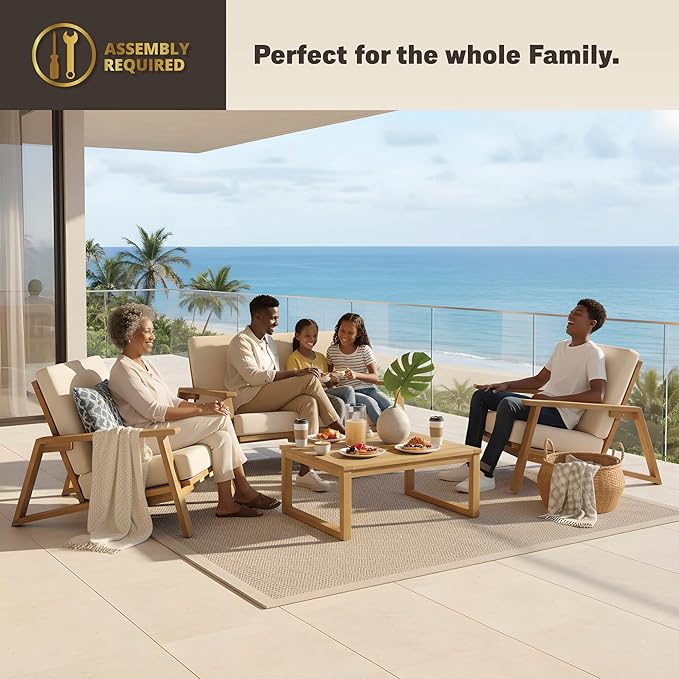 Kinger Home Ezra 4-Piece Deep Seating Teak Wood Patio Furniture Set, Cushioned Loveseat, Armchairs and Coffee Table
