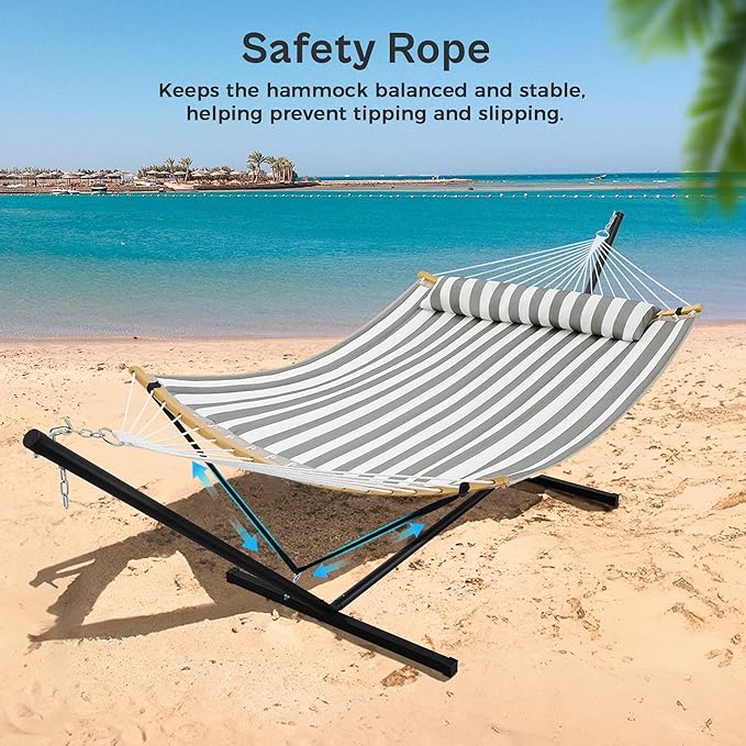 SUPERJARE Curved-Bar Hammock with Stand, 2 Person Heavy Duty Hammock Frame, Detachable Pillow & Portable Carrying Bag, Perfect for Outdoor & Indoor, Black and White Stripe