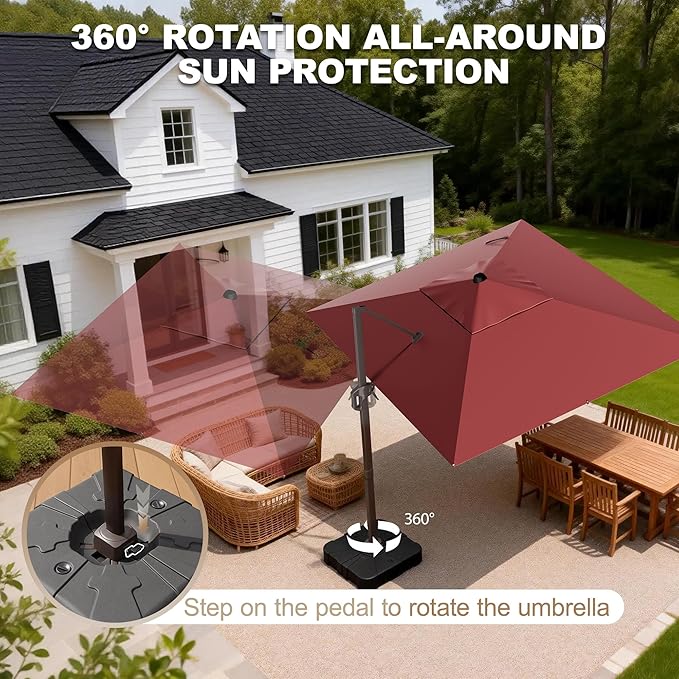 9' X 12' Cantilever Patio Umbrella Rectangle Outdoor Umbrella with Base Included, 6-Level Tilt & 360° Rotation Offset Umbrella for Garden, Deck, Pool (Red)