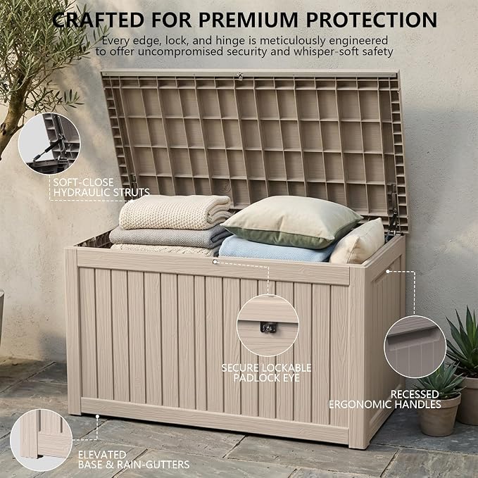Outdoor Storage Box, 270 Gallon Waterproof Deck Box [Upgraded 3.0], Super-Sized Gas-Spring Resin Trunk for Large Seat Pillows, Heavy-Duty Lockable Backyard Storage Sofa, Garden Lawn, Grey