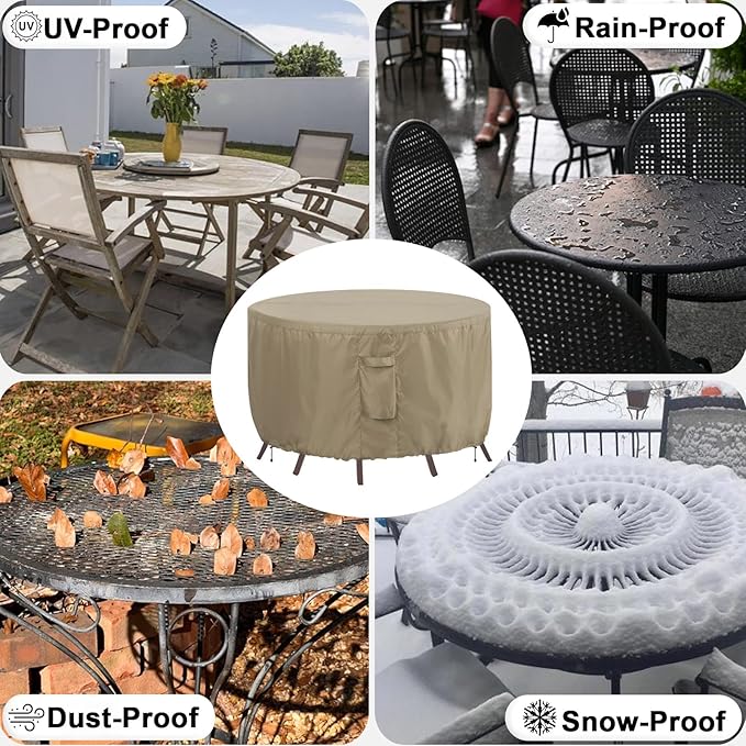 OutdoorLines Outdoor Waterproof Patio Table Furniture Set Covers - Round Couch Sectional Cover Outside Weatherproof Patio Furniture Covering for Deck, Lawn and Backyard 96" DIA x 28" H, Camel