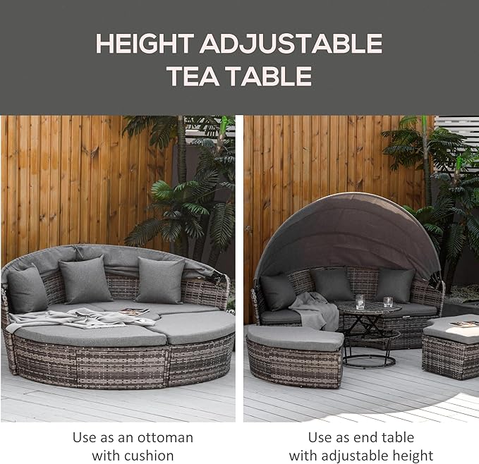 Outsunny 4 Piece Round Rattan Daybed, Convertible Patio Furniture Set, Adjustable Sun Canopy, Sectional Outdoor Sofa, 2 Chairs, Extending Tea Table Ottoman Chair, 3 Pillows, Gray