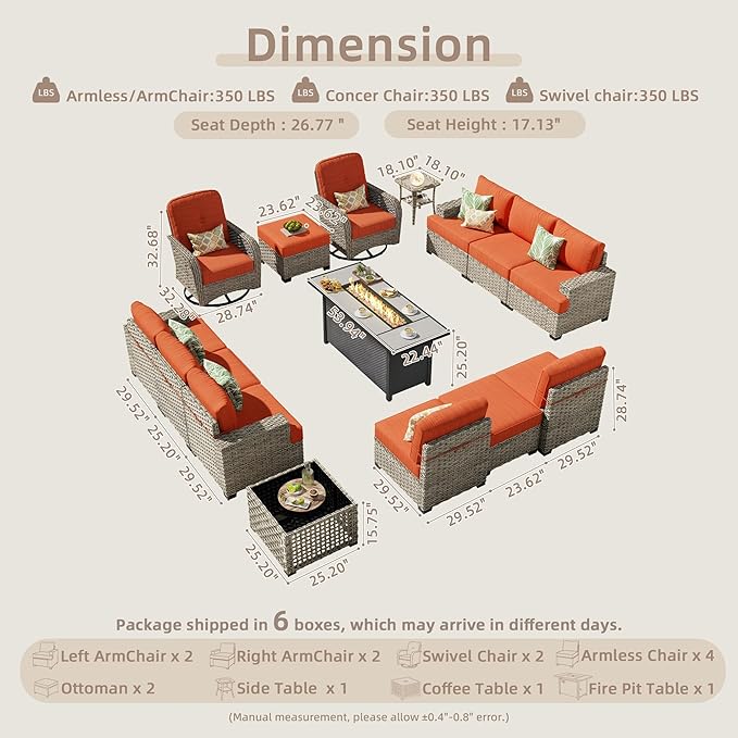 15-Piece Outdoor Sectional Sofa Set w/ 54" Fire Pit – L-Shaped Wicker Patio Furniture, Deep Seating & Swivel Rockers, Red