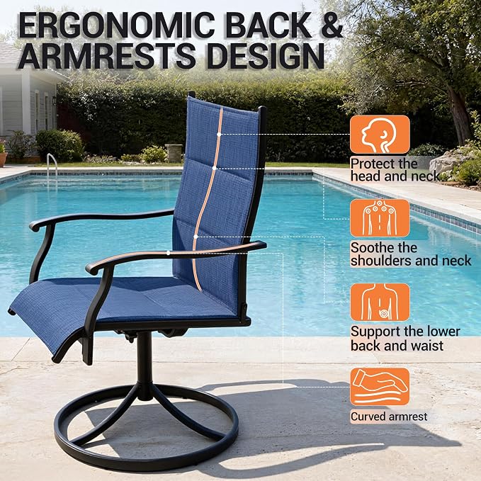 Patio Swivel Rocker Chairs Set of 2,Outdoor Dining Chairs High Back,15° Gentle Rocking Patio Chair with Padded Textilene, Metal Frame for Poolside Lawn Garden,Blue(2 PCS)