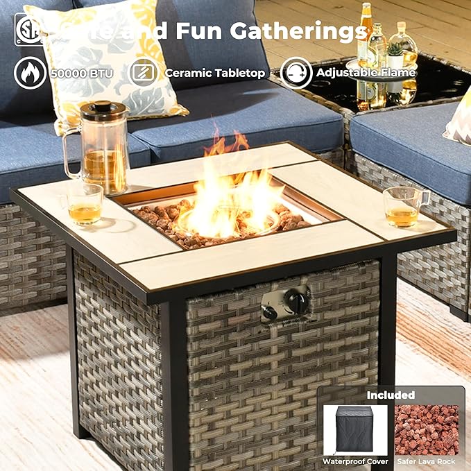 ovios 7 Pieces Patio Furniture Set, Outdoor Wicker Sectional Sofa with 30 Inch Fire Pit Table Comfy Cushions, Modern Modular Deep Seat Rattan Couch Conversation Set, Denim Blue