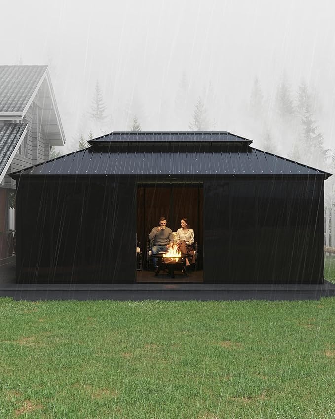12x20 ft Hardtop Gazebo Sunroom, All-Season Outdoor Room with Aluminum Frame, Enclosed Patio Solarium with Polycarbonate Sliding Doors & Double Roof for Backyard, Deck, and Hot Tub Enclosure
