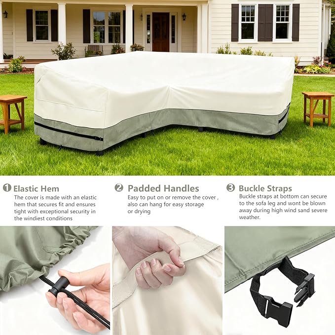 okcool Outdoor Sectional Sofa Cover Waterproof V Shaped Patio Furniture Covers for 5-Seater Outdoor Sectional Furniture Couch 85"(85''L) x 33.5''D x 31''H,White&Grayish Green