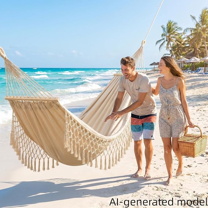 Bohemian Canvas Hammock with Tassels, Brown, 79"x59" | Soft Breathable Cotton Canvas Hammock,79x59in,2 Hanging Straps Wooden Bar;3 colors,compact for students renters dorm balcony