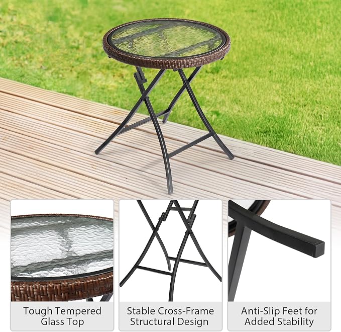 Outdoor Side Table, Folding Glass Outdoor Side Table with Woven Rattan Border, Small Foldable Patio Table with Tempered Glass Table Top for Lawn & Garden, Balcony, Porch and Pool, Round, 1 Pack