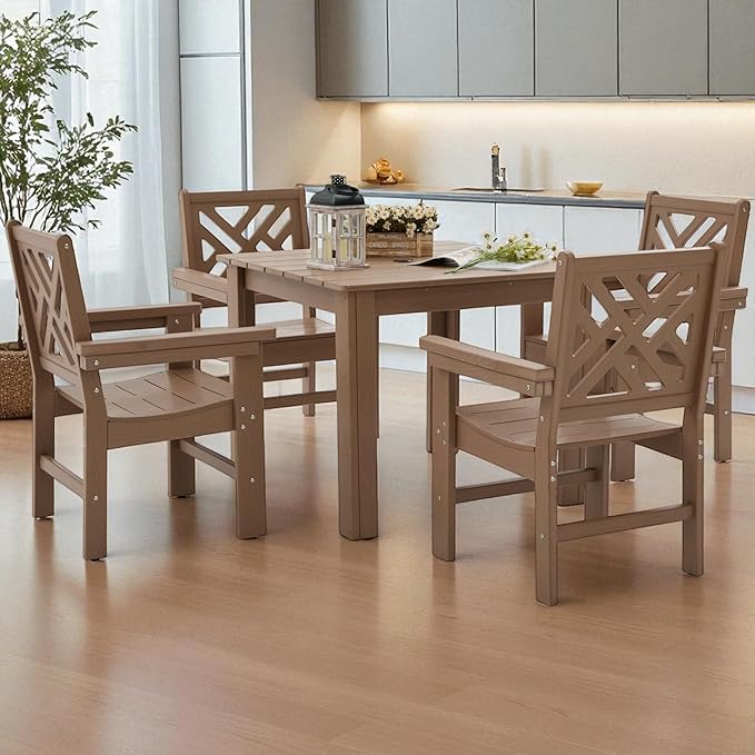 HDPE Outdoor Dining Set,5-Piece Outdoor Table and Chairs Include 4 Armchair Chairs and 32.5" Square Patio Dining Table with Umbrella Hole (Brown)
