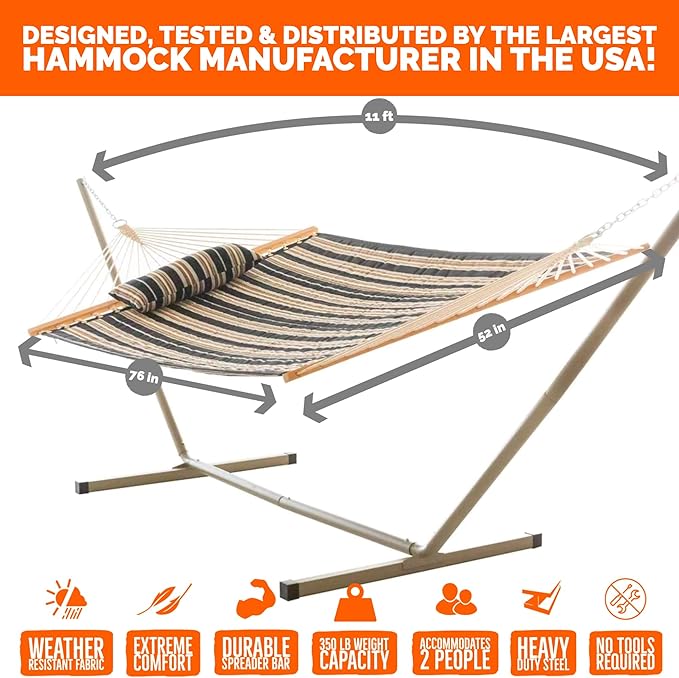 Castaway Living Large 2-Person Quilted Hammock with Stand & Pillow – Beige & Black Stripe, 10 ft. L x 52 in. W, 350 lb Capacity, Weather-Resistant Polyester, Portable Space-Saving Frame
