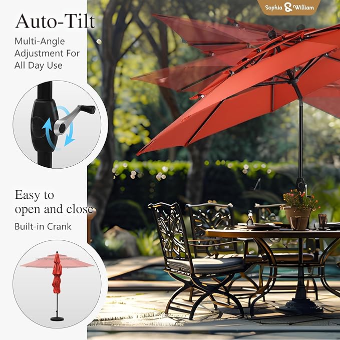 Sophia & William 10ft 3 Tier Auto-tilt Patio Umbrella,Wind Resistent,Outdoor Patio Umbrellas Double Vented Umbrella with Crank for Pool Garden Backyard, Red