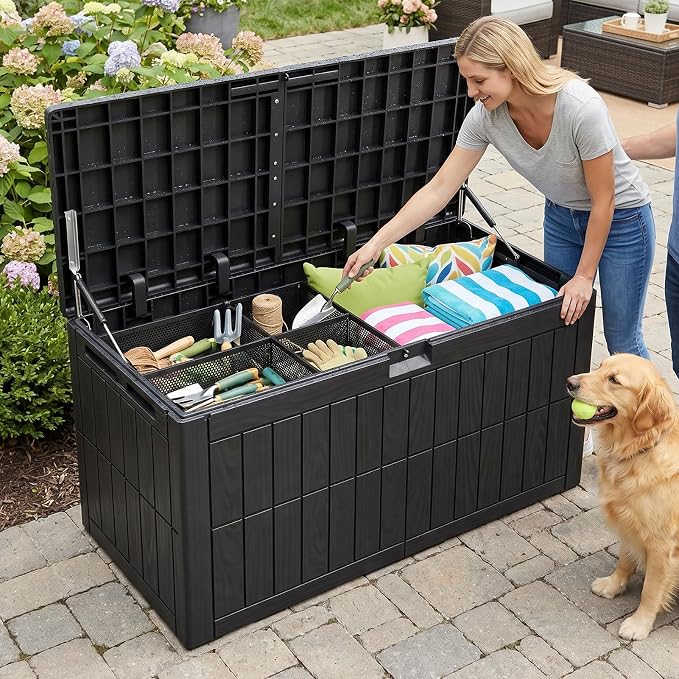 Outdoor Storage Box Water Proof Resin Deck Box Lockable Storage Bin for Cushion Patio Furniture Black