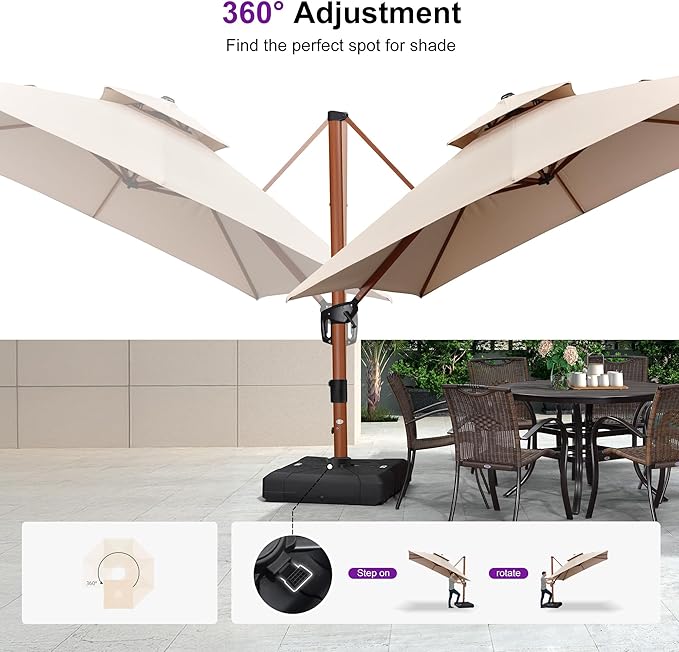 PURPLE LEAF 9' X 12' Double Top Deluxe Wood Pattern Rectangle Patio Umbrella with Base Offset Hanging Umbrella Outdoor Market Umbrella Garden Umbrella, Beige