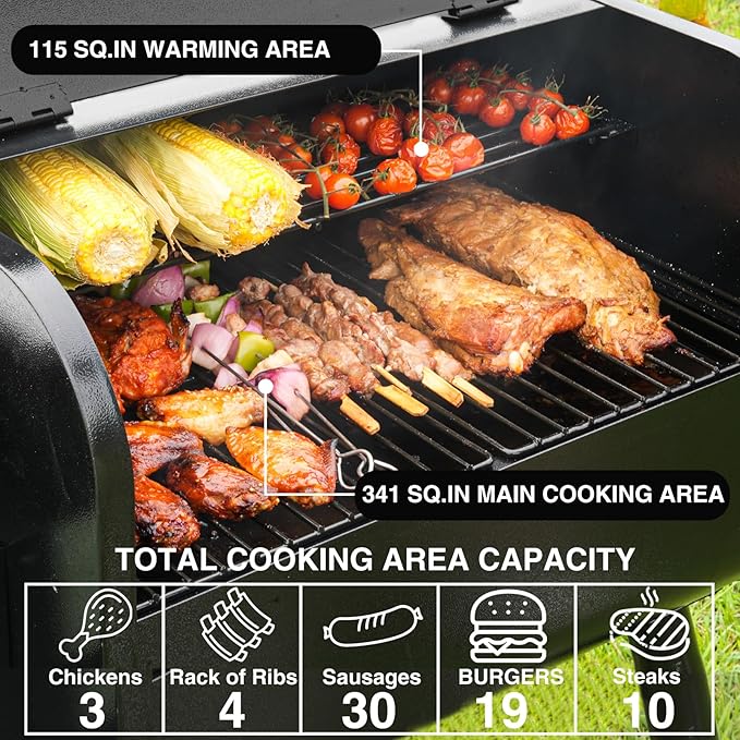 KingChii Electric Wood Pellet Grill & Smoker with Side Shelf, 456 SQ.IN Grill Capacity, 18LB Hopper, with PID Temperature Control (180-425°F) for Backyard Camping Bake and Roast, Black with Cover