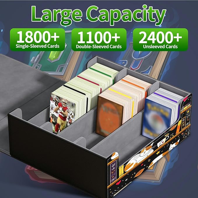 Card Deck Box for MTG, Cards Storage Box Fits 120+ Sleeved, Leather Big Size Strong Magnetic Closing Case for Board Games Magic TCG CCG Baseball Collection Women Man, Black Book Cat