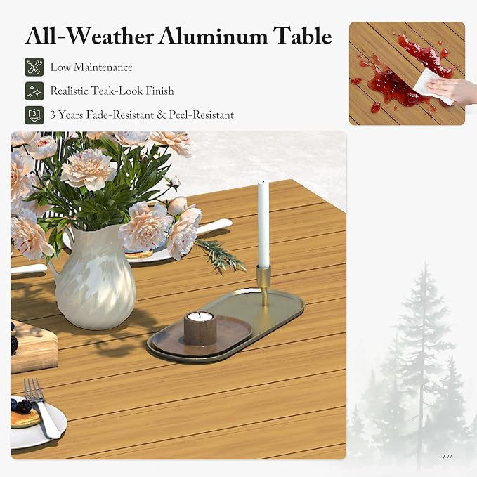 PURPLE LEAF 11 Pieces Patio Dining Set Wicker Outdoor Furniture Rectangular Table and Chairs Set for Garden Deck Teak-Finish Aluminum Frame Backyard Kitchen Set, Cushions and Pillows Included